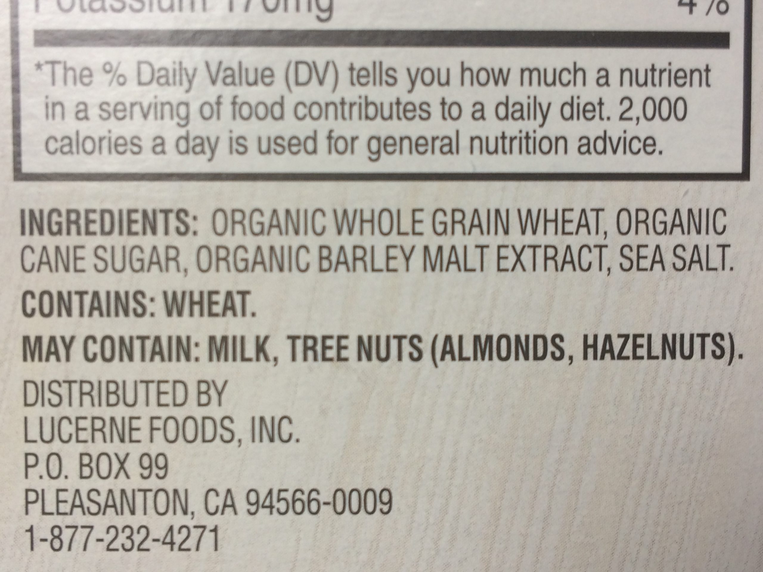 Ingredient list from a cereal box, with an allergen warning