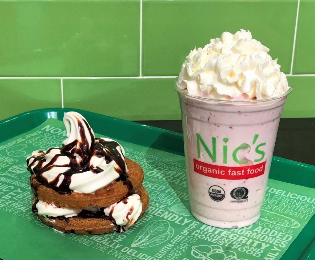 Nic's Organic Fast Food, Double Decker Waffle Sundae, Strawberry Milkshake