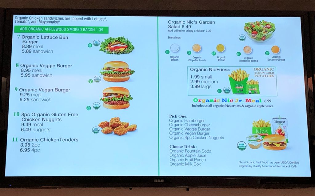 Nic's Organic Fast Food Menu with prices