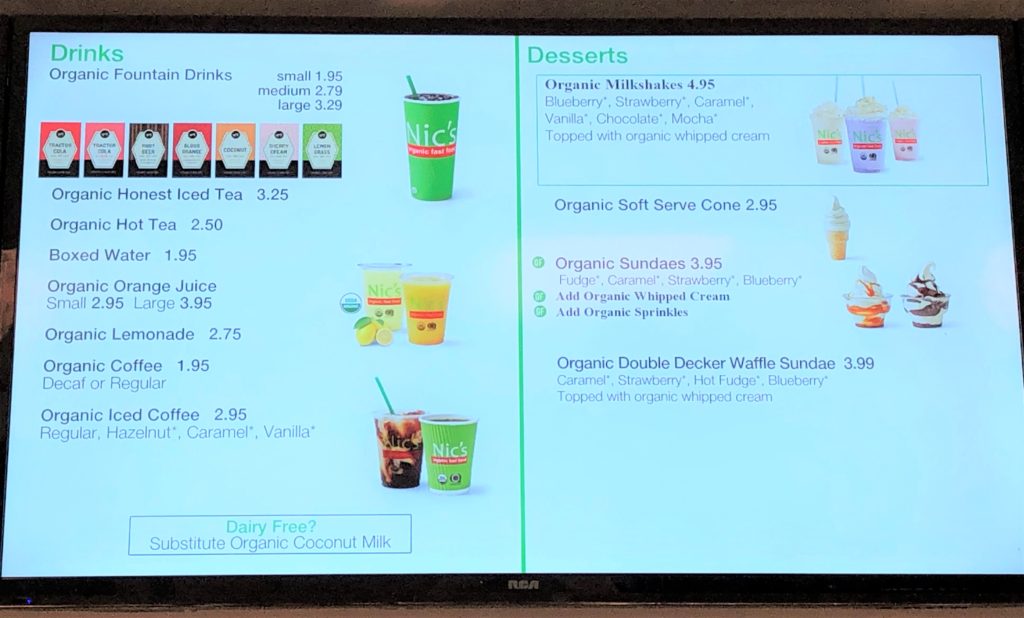 Nic's Organic Fast Food Menu with prices