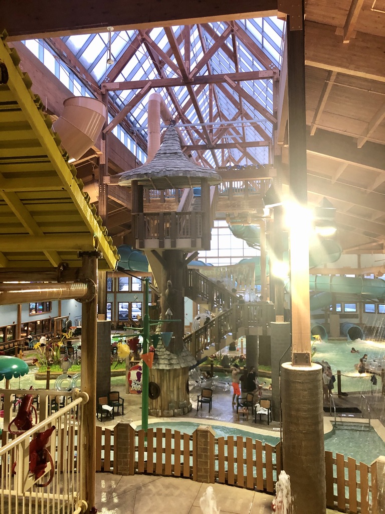 Zehnder's Splash Village Lookout Tower view of the Splash Water Park at one of the best indoor waterpark hotels in Michigan. 