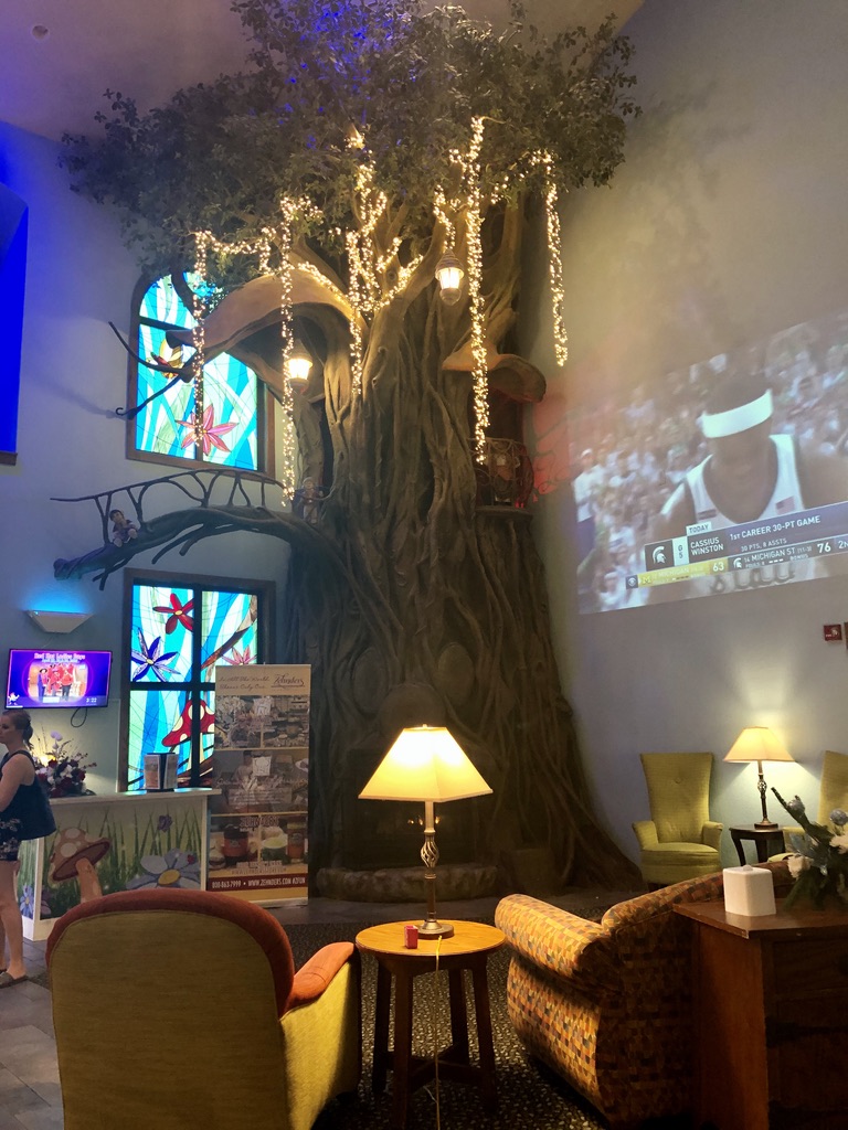 A 26 foot tall tree in the lobby of Zehnder's Waterpark hotels in Michigan 
