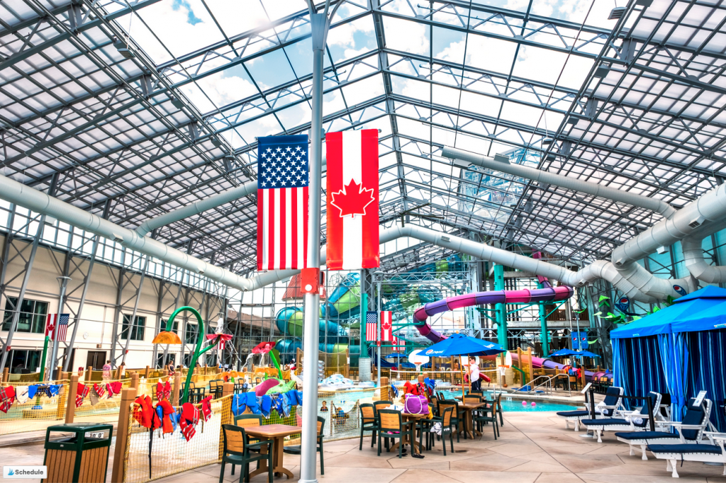 View of the retractable roof and cabanas in the Atrium at Zehnder's Splash Village, Frankenmuth, MI