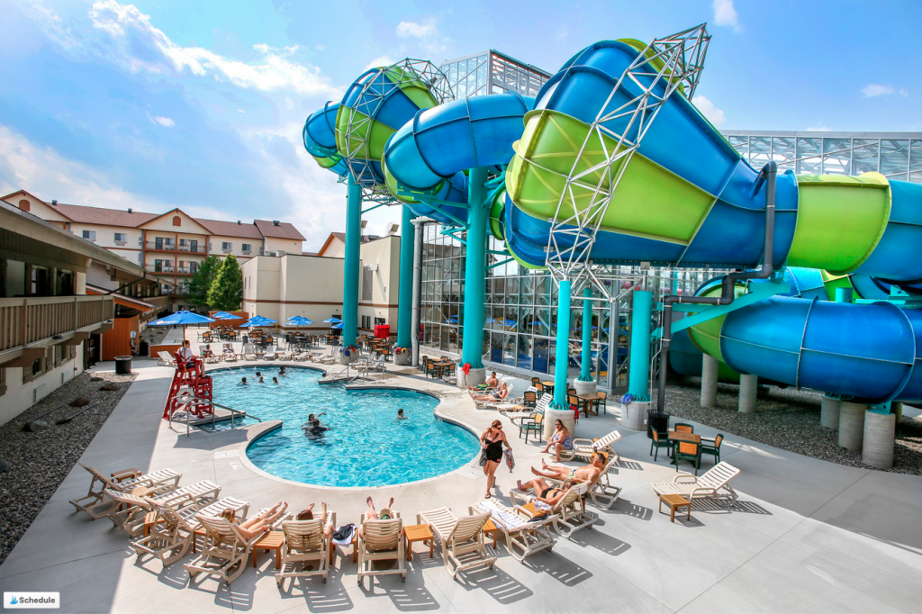 Outdoor pool area at Zehnder's Splash Village - One of the best indoor waterpark hotels in Michigan 