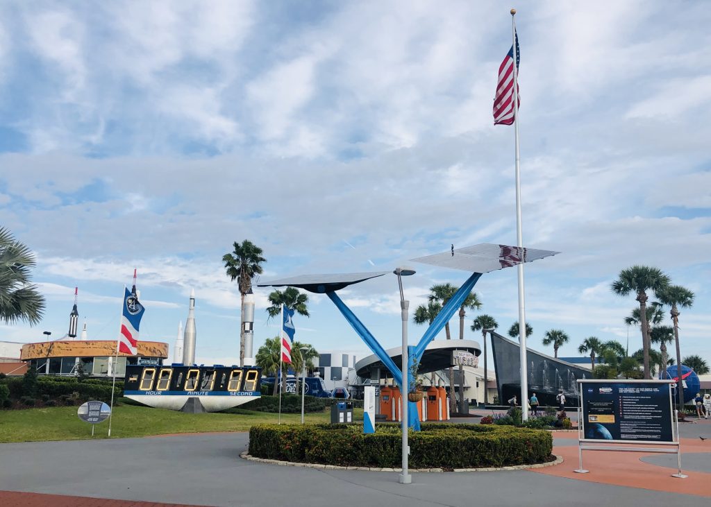 Launch Complex 39 countdown clock outside the main entrance of the Kennedy Space Center.