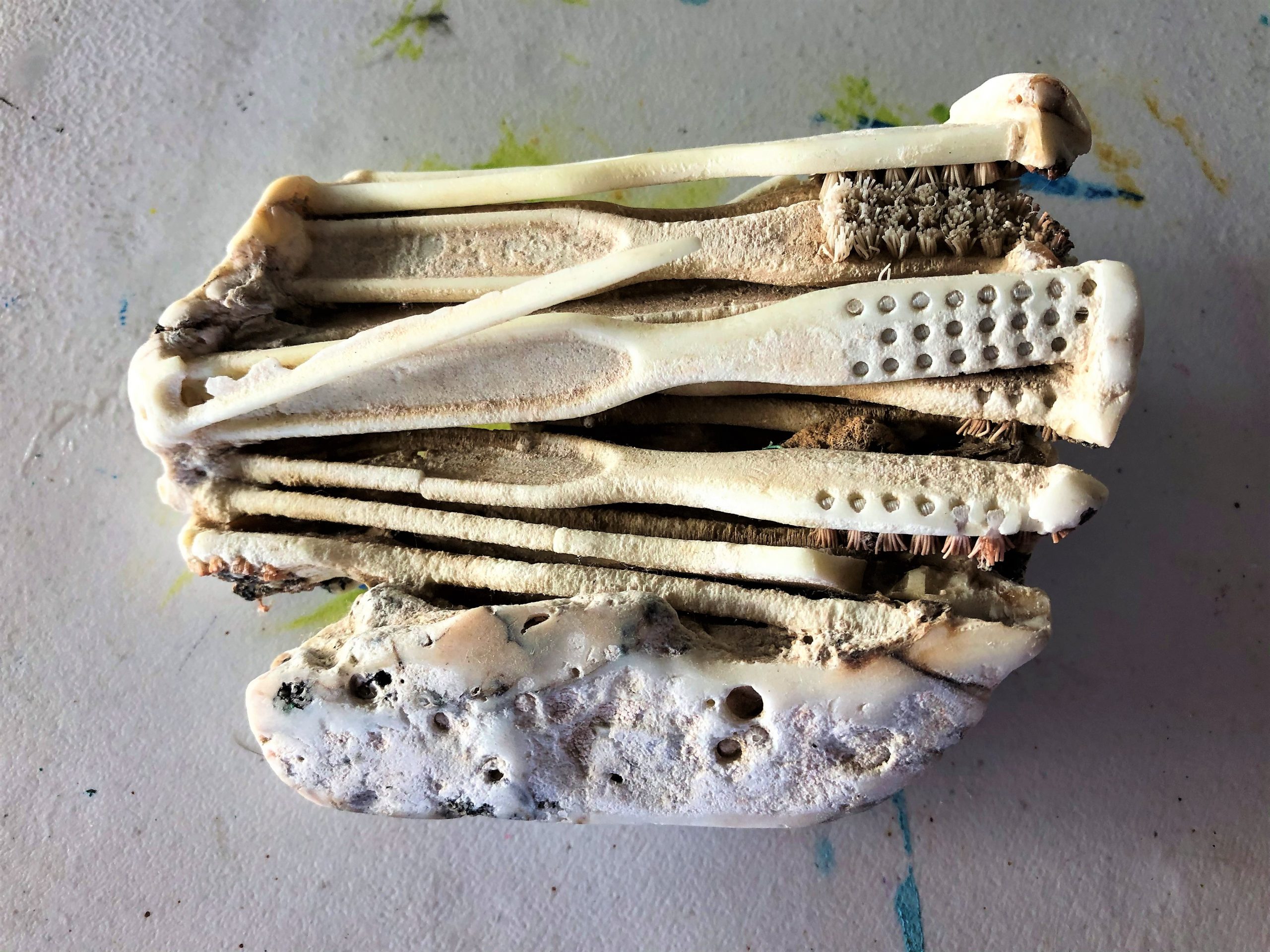Marine debris, melted plastic toothbrushes.  
