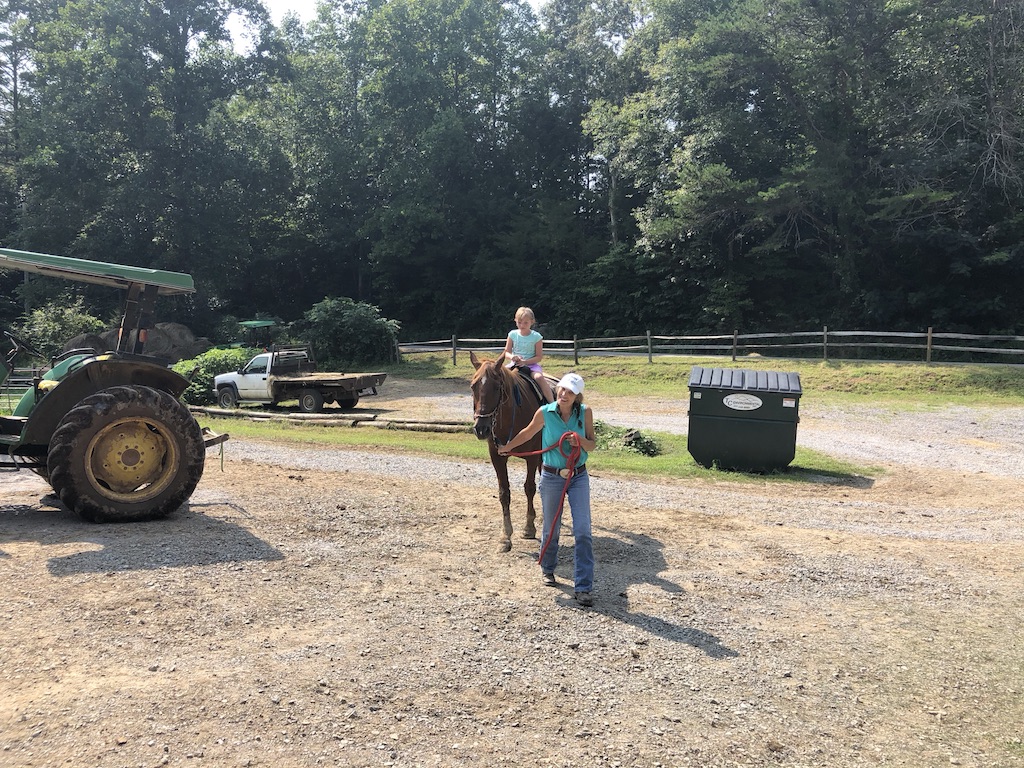 A child getting used to riding a horse during a walk around the parking lot. 