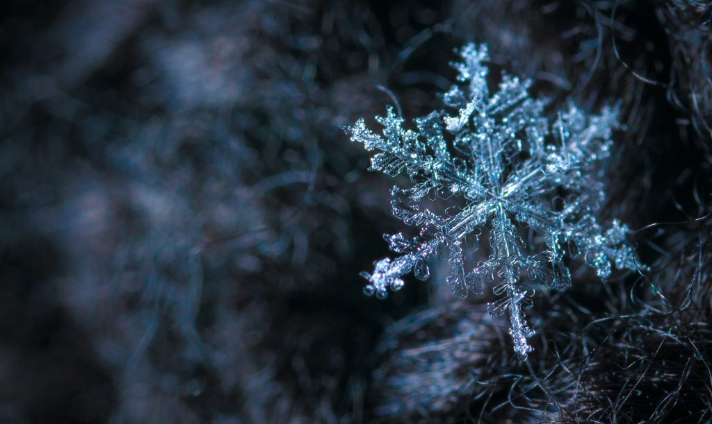 An up close view of a snowflake.