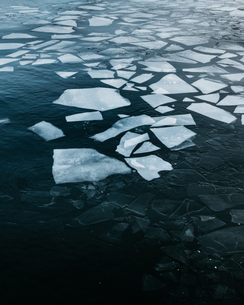 Broken ice on a lake. 