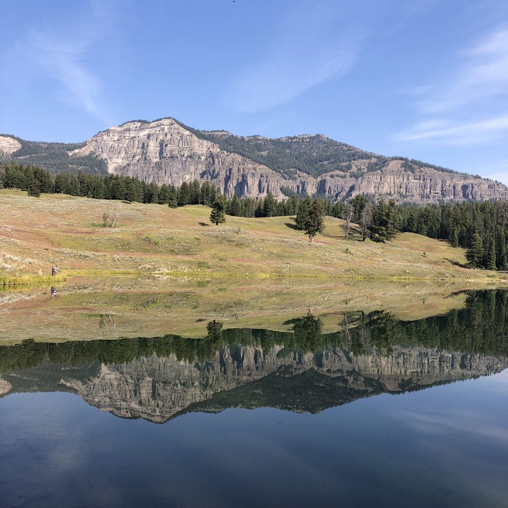 A reflection of mountains on the water at Trout Lake Yellowstone National Park