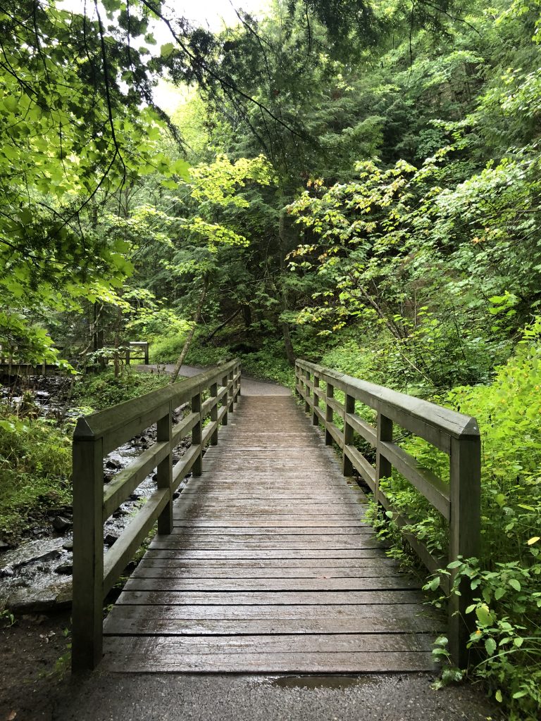 Wooden boardwalk on the trail leading to Munising Falls in Munising, MI
