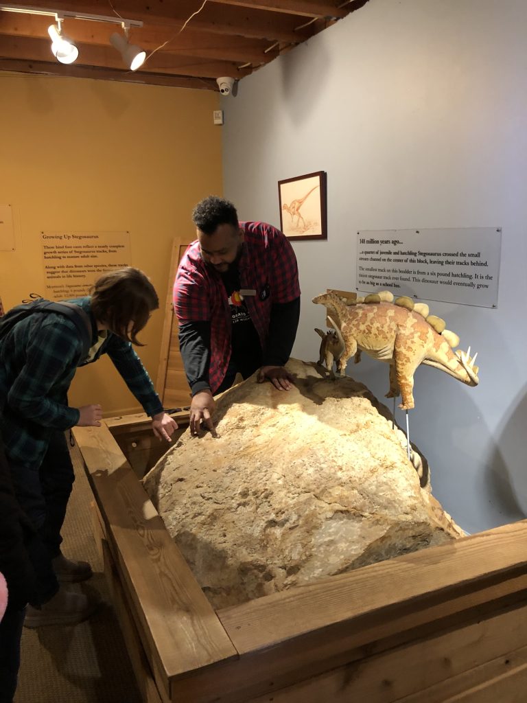 Touching baby stegosaurus foot prints in a boulder inside the Morrison Natural History Museum.