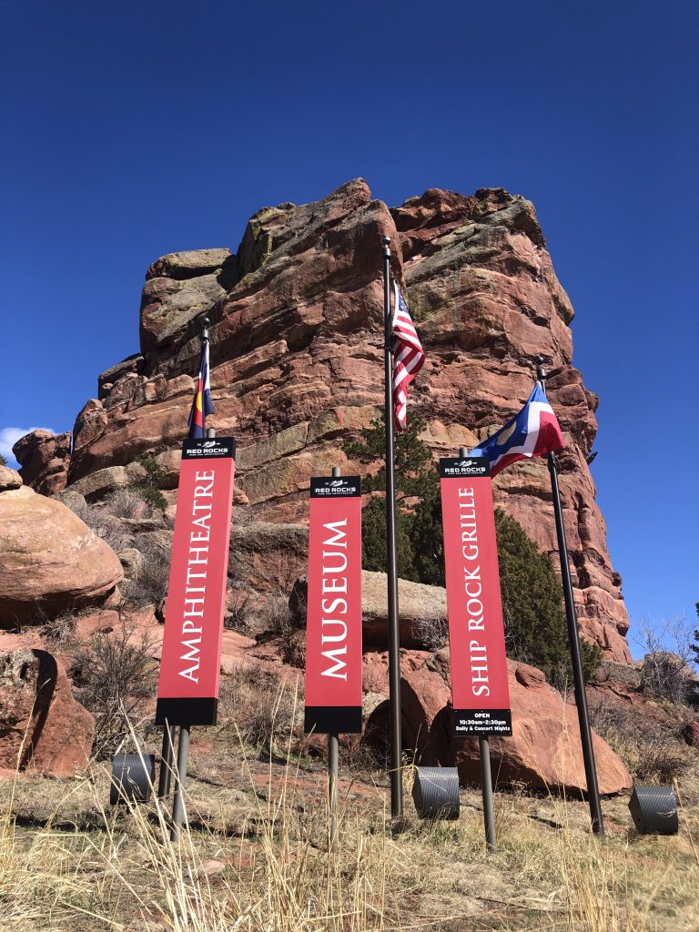 Entrance signs to the Red Rocks Amphitheater, Morrison Colorado 