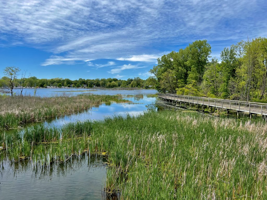 Muskegon Lake Nature Preserve boardwalk along Muskegon Lake